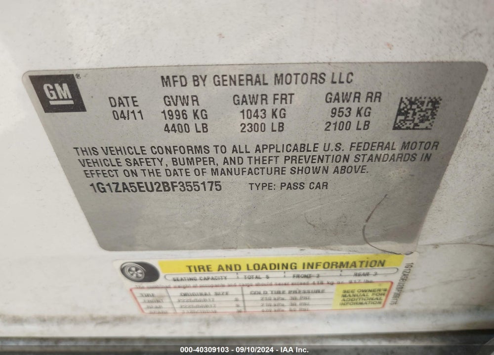2011 CHEVROLET MALIBU LS VIN: 1G1ZA5EU2BF355175