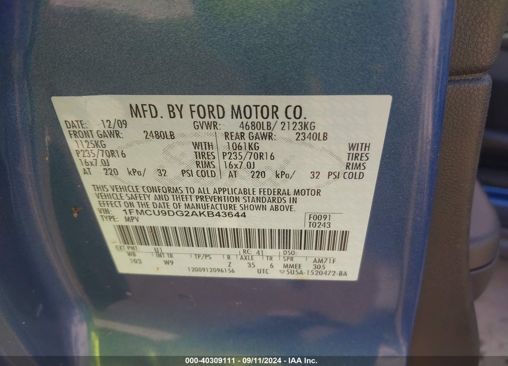 2010 FORD ESCAPE VIN: 1FMCU9DG2AKB43644