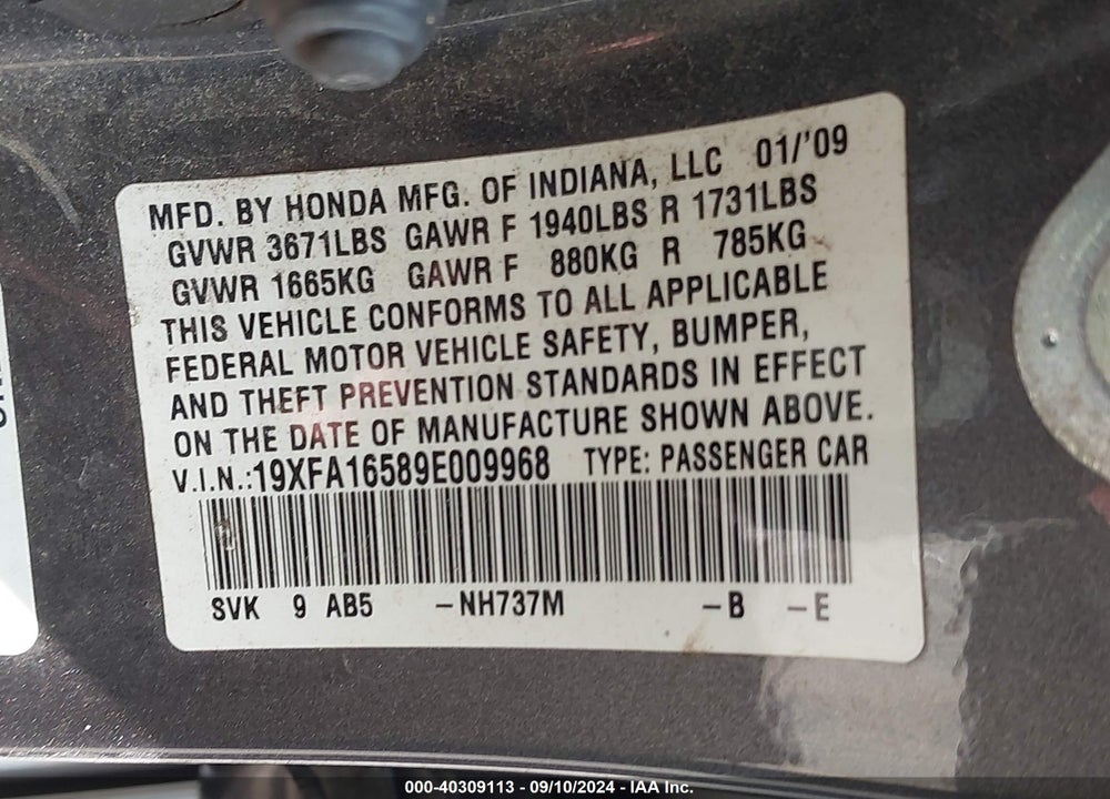 2009 HONDA CIVIC VIN: 19XFA16589E009968