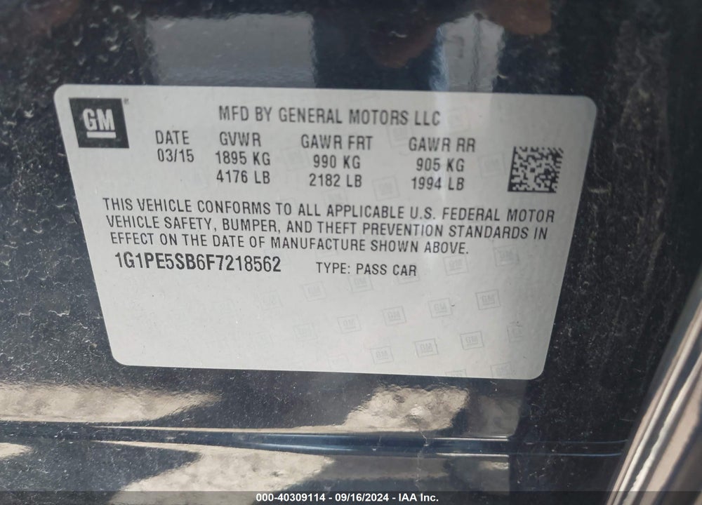 2015 CHEVROLET CRUZE 2LT AUTO VIN: 1G1PE5SB6F7218562