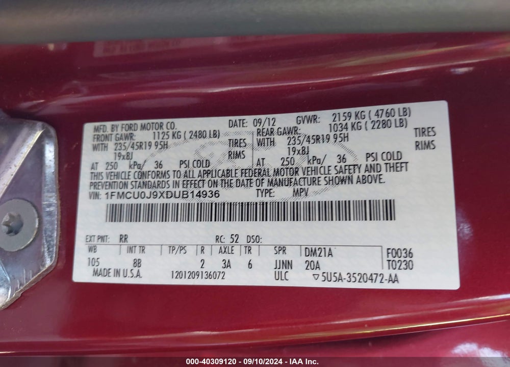 2013 FORD ESCAPE TITANIUM VIN: 1FMCU0J9XDUB14936