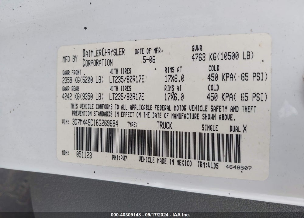 2006 DODGE RAM 3500 LARAMIE VIN: 3D7MX49C16G269684