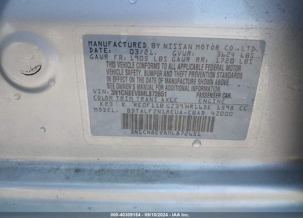 2021 NISSAN VERSA VIN: 3N1CN8EV8ML872651