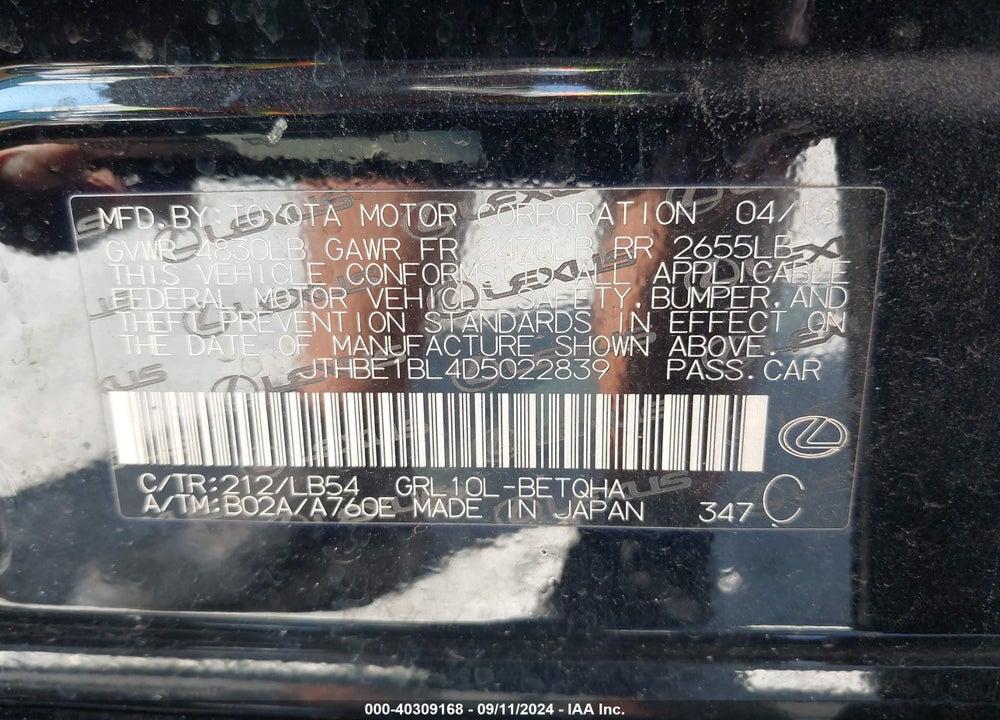 2013 LEXUS GS 350 VIN: JTHBE1BL4D5022839