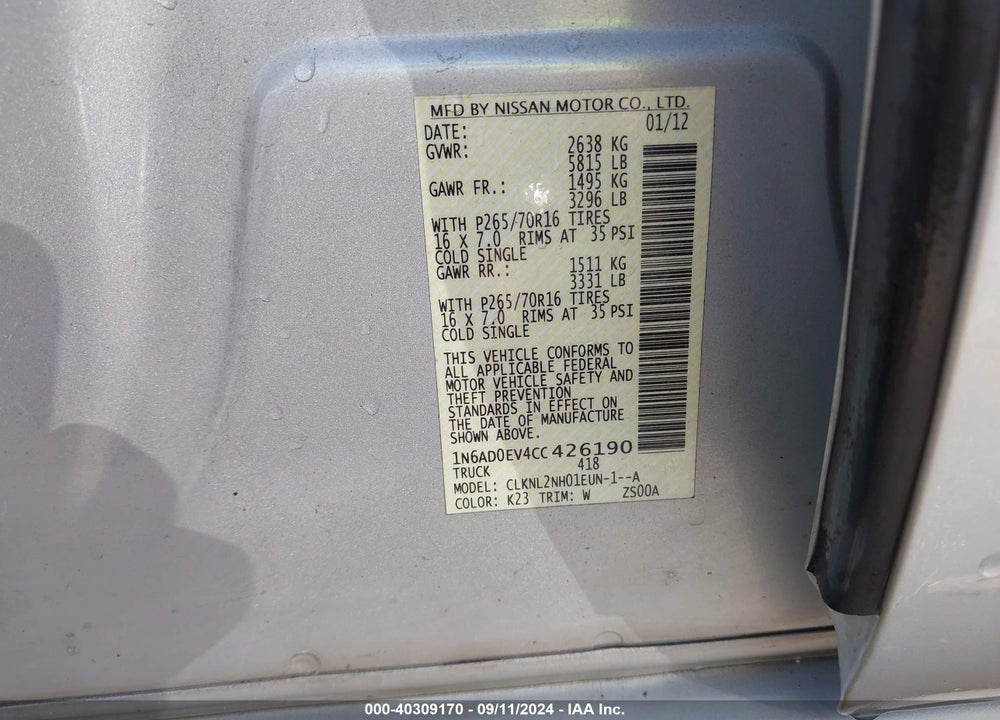 2012 NISSAN FRONTIER SV VIN: 1N6AD0EV4CC426190