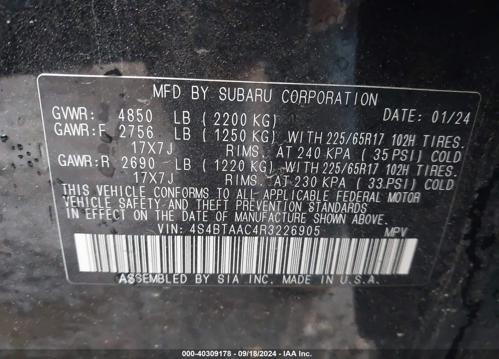 2024 SUBARU OUTBACK VIN: 4S4BTAAC4R3226905