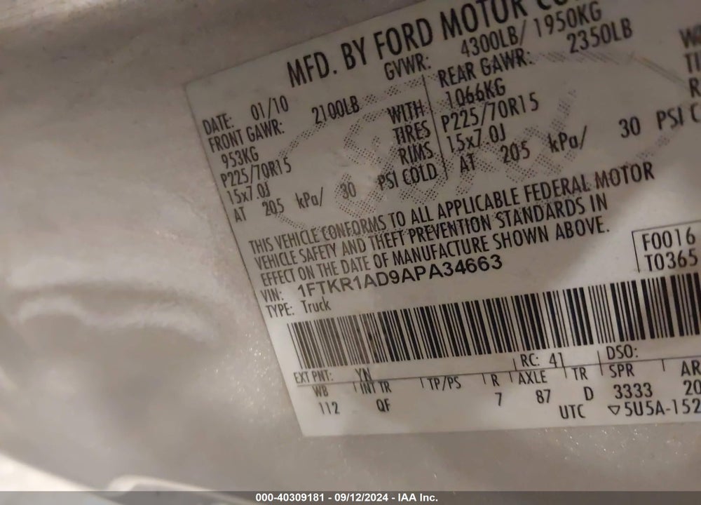 2010 FORD RANGER XL/XLT VIN: 1FTKR1AD9APA34663