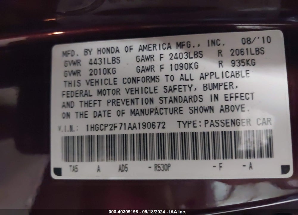 2010 HONDA ACCORD 2.4 EX VIN: 1HGCP2F71AA190672