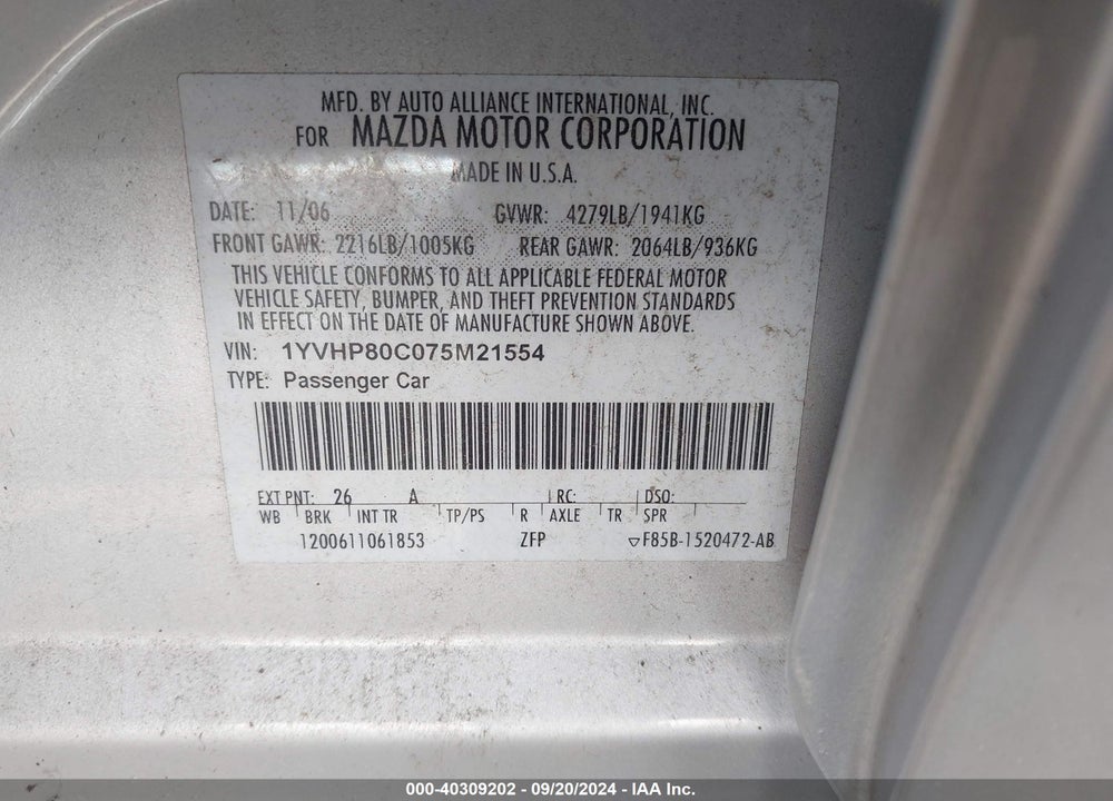 2007 MAZDA 6 I SPORT VE VIN: 1YVHP80C075M21554