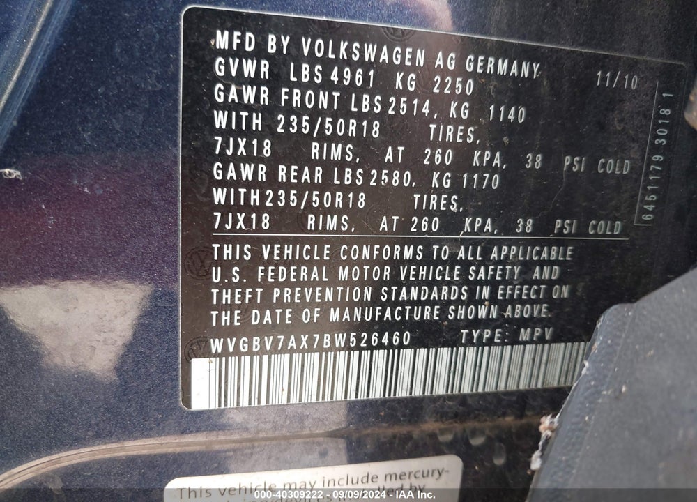 2011 VOLKSWAGEN TIGUAN SE VIN: WVGBV7AX7BW526460