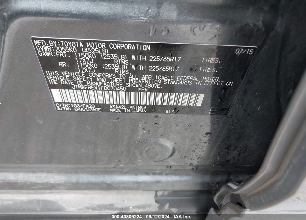 2015 TOYOTA RAV4 XLE VIN: JTMWFREV1FD070450