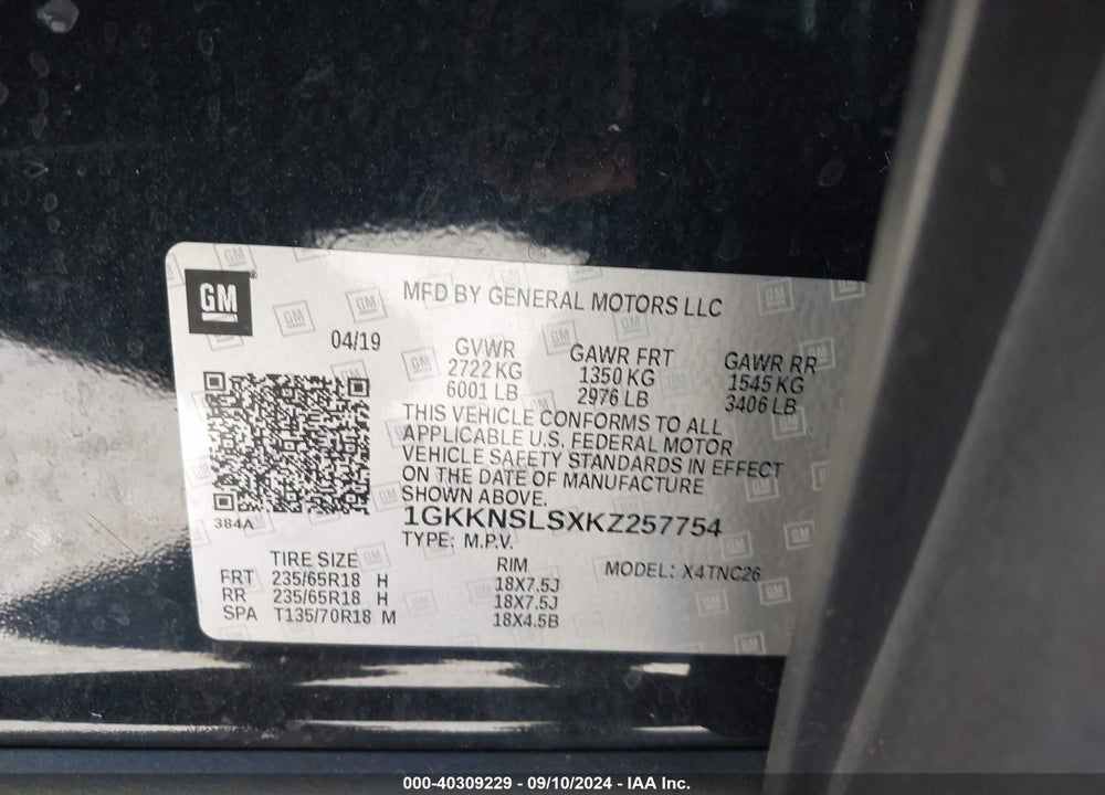 2019 GMC ACADIA SLE-2 VIN: 1GKKNSLSXKZ257754