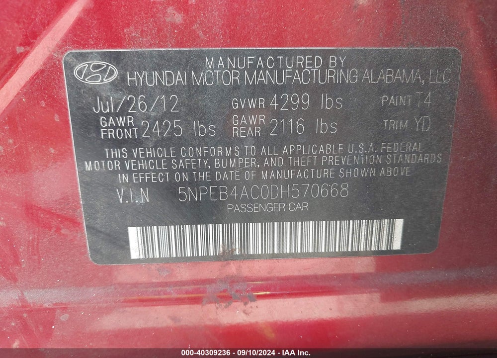 2013 HYUNDAI SONATA GLS VIN: 5NPEB4AC0DH570668
