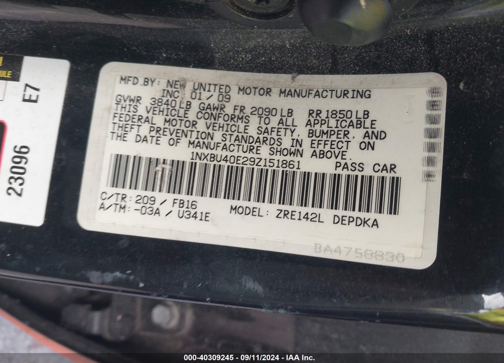 2009 TOYOTA COROLLA VIN: 1NXBU40E29Z151861