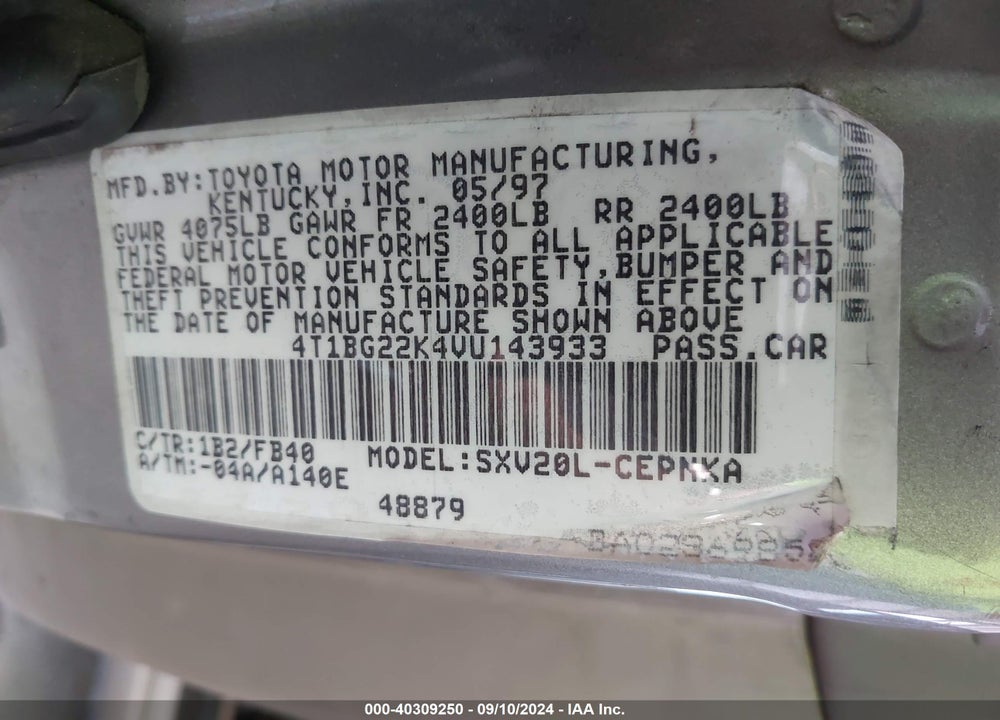 1997 TOYOTA CAMRY LE VIN: 4T1BG22K4VU143933