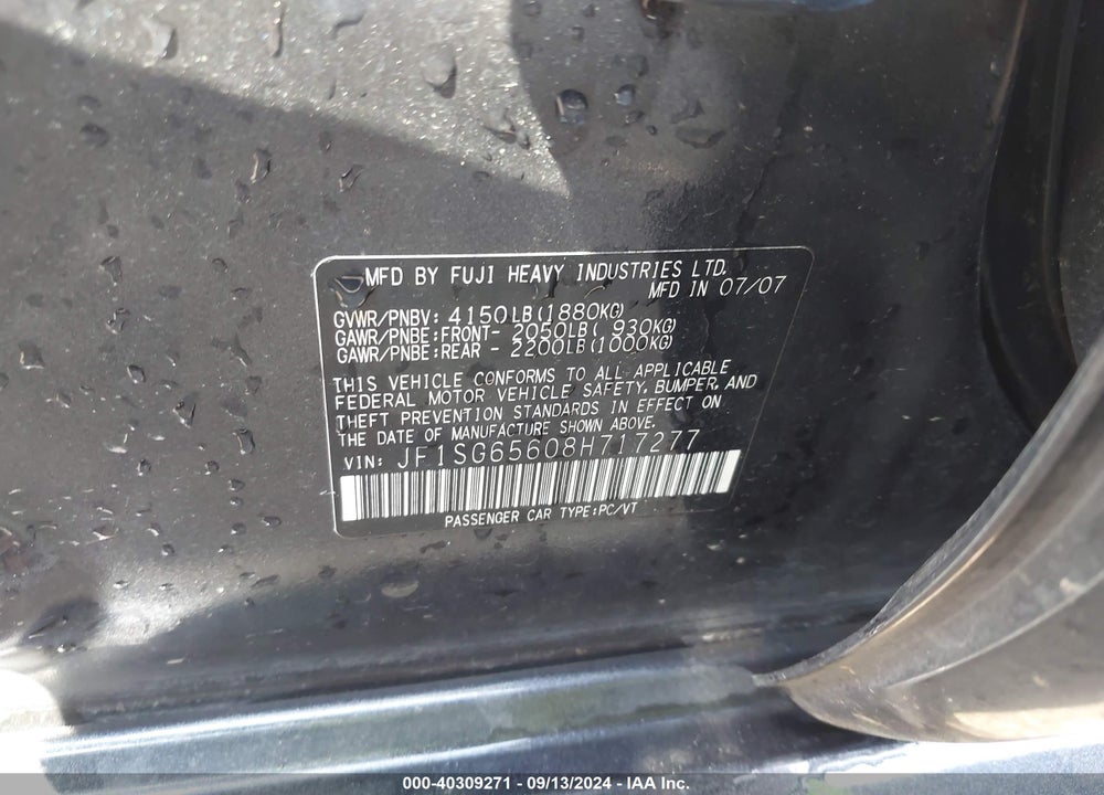 2008 SUBARU FORESTER 2.5X VIN: JF1SG65608H717277