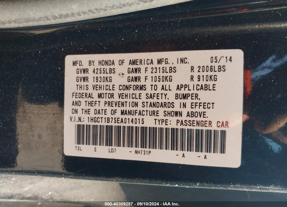 2014 HONDA ACCORD EX VIN: 1HGCT1B75EA014015