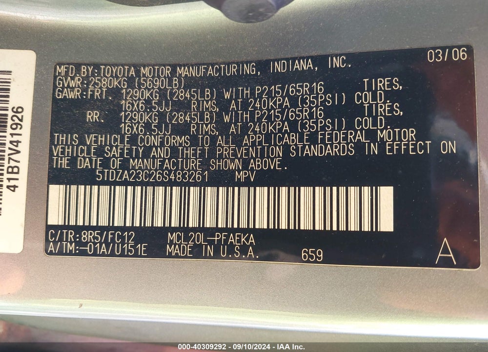 2006 TOYOTA SIENNA LE VIN: 5TDZA23C26S483261