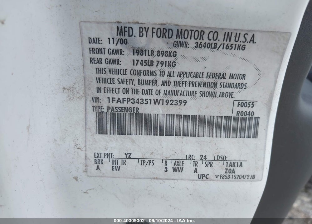 2001 FORD FOCUS SE VIN: 1FAFP34351W192399
