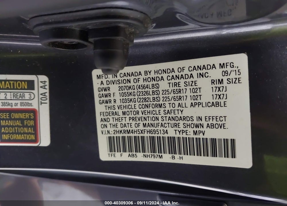 2015 HONDA CR-V EX VIN: 2HKRM4H5XFH695134