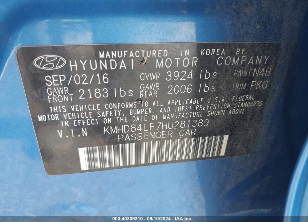 2017 HYUNDAI ELANTRA LIMITED VIN: KMHD84LF7HU281389
