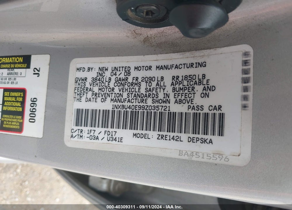 2009 TOYOTA COROLLA S VIN: 1NXBU40E99Z035721