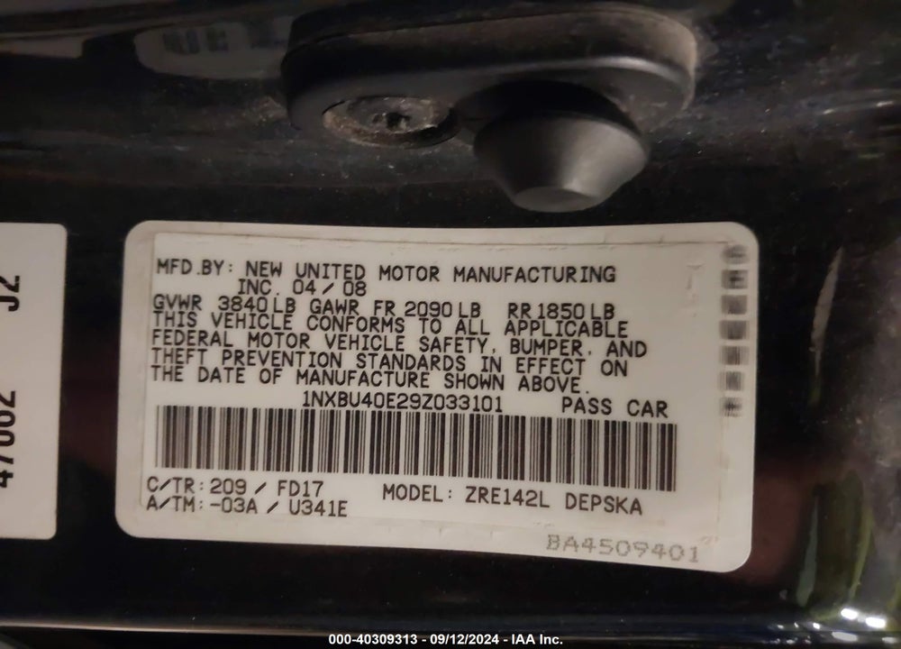 2009 TOYOTA COROLLA S VIN: 1NXBU40E29Z033101