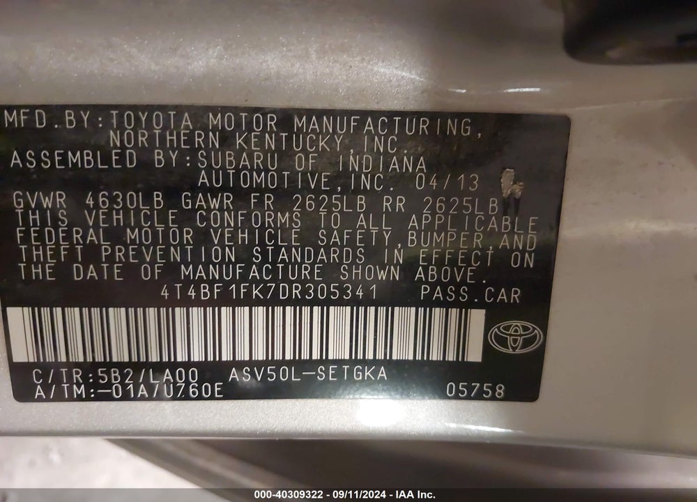 2013 TOYOTA CAMRY XLE VIN: 4T4BF1FK7DR305341