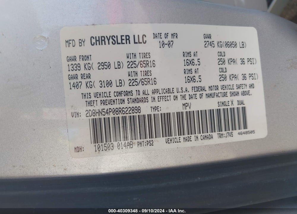 2008 DODGE GRAND CARAVAN SXT VIN: 2D8HN54P08R622898