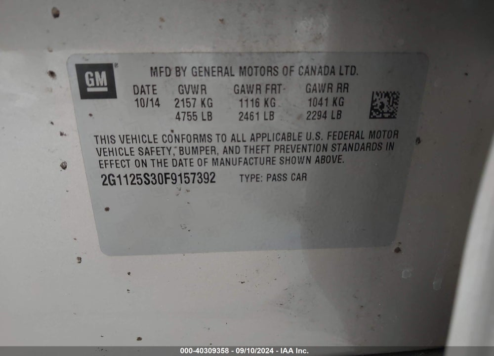 2015 CHEVROLET IMPALA 2LT VIN: 2G1125S30F9157392
