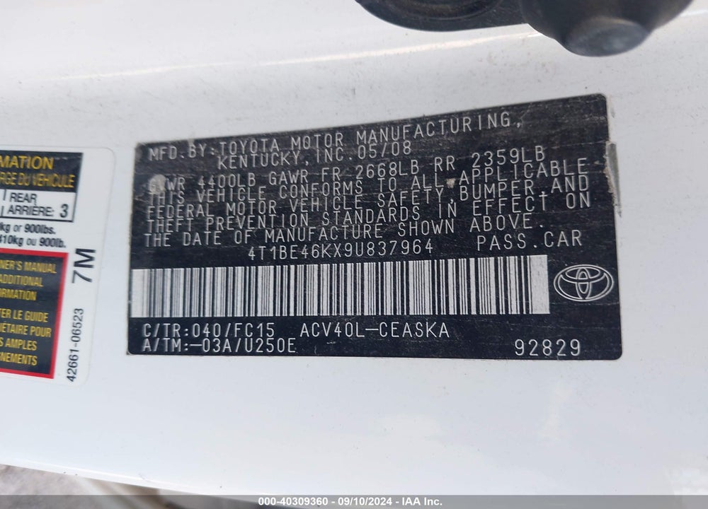 2009 TOYOTA CAMRY VIN: 4T1BE46KX9U837964