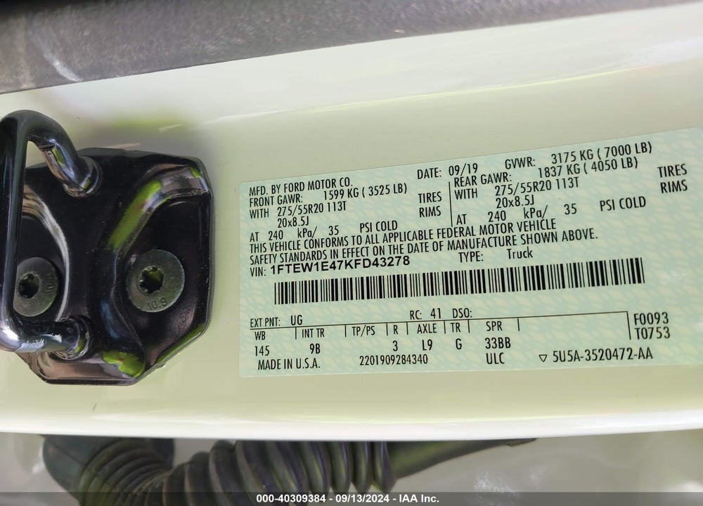 2019 FORD F-150 PLATINUM VIN: 1FTEW1E47KFD43278