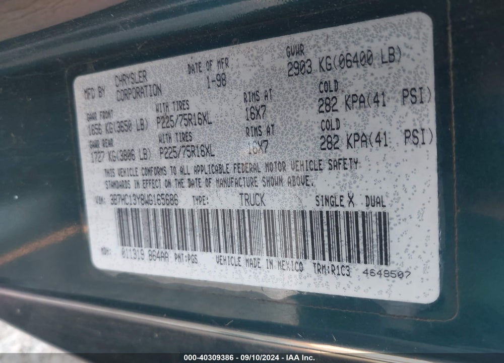 1998 DODGE RAM 1500 ST VIN: 3B7HC13Y8WG165686