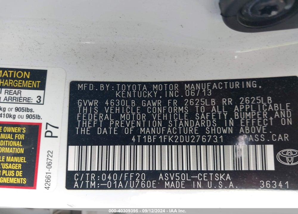 2013 TOYOTA CAMRY SE VIN: 4T1BF1FK2DU276731