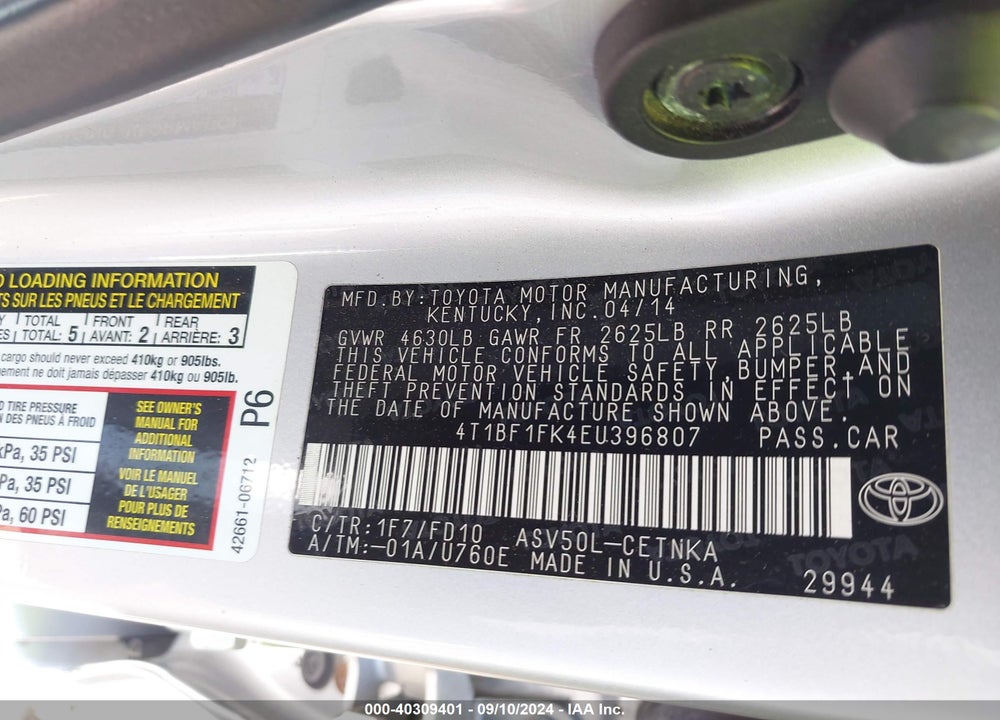 2014 TOYOTA CAMRY LE VIN: 4T1BF1FK4EU396807