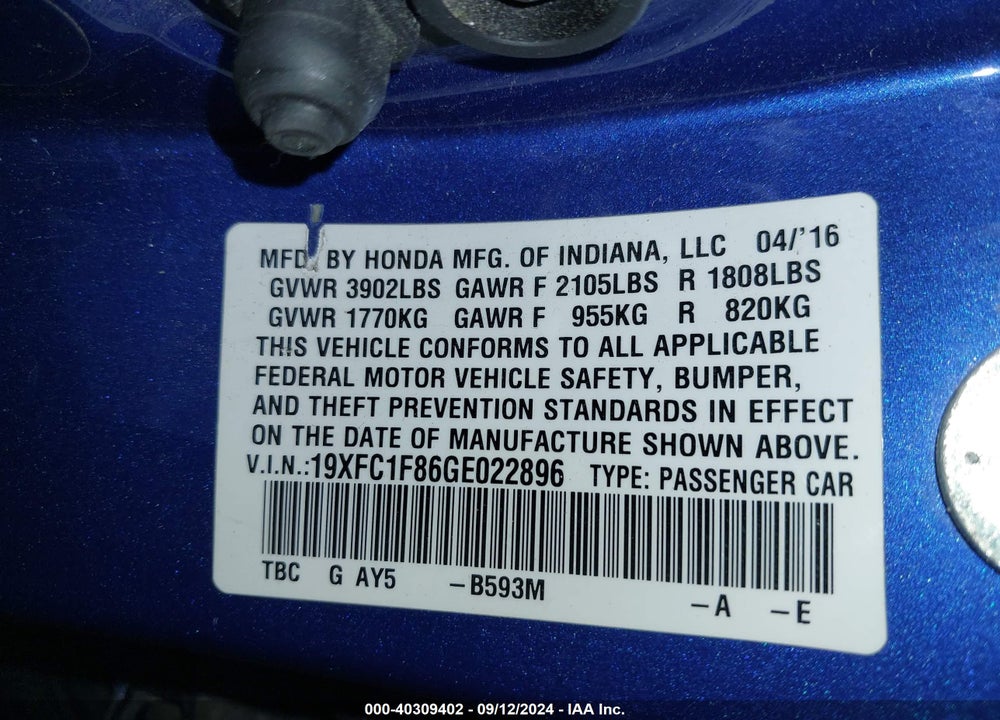 2016 HONDA CIVIC EX-L VIN: 19XFC1F86GE022896