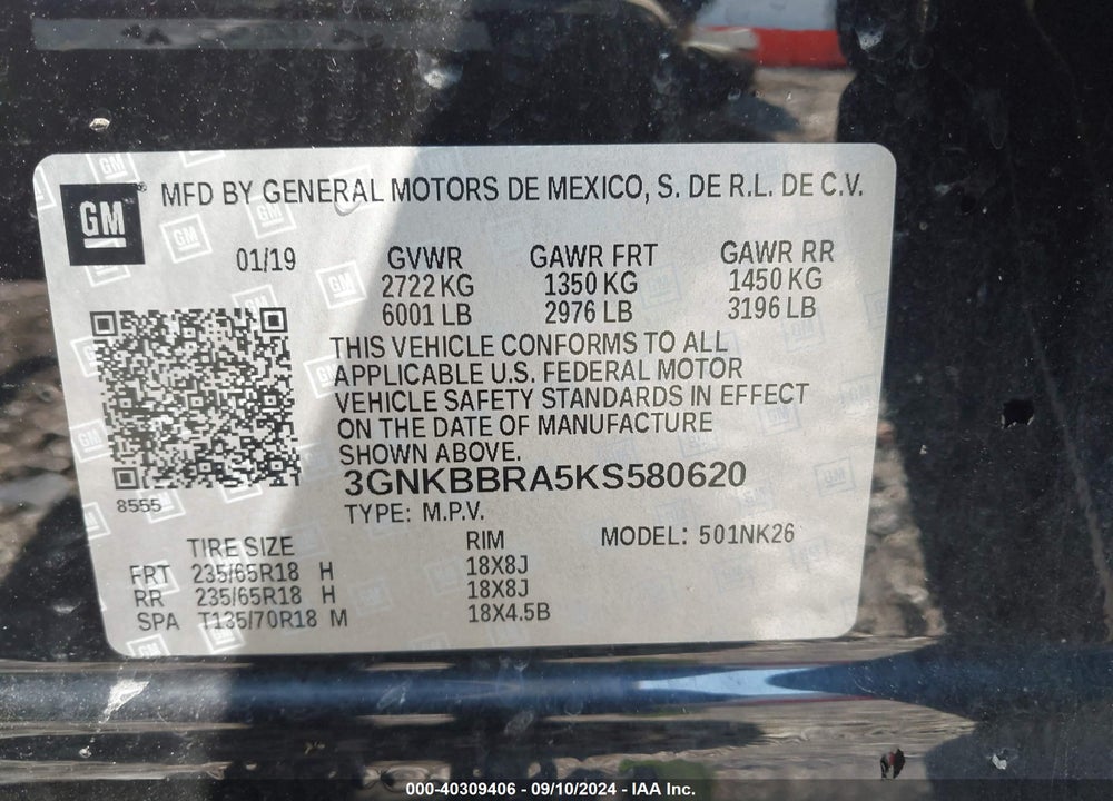 2019 CHEVROLET BLAZER VIN: 3GNKBBRA5KS580620