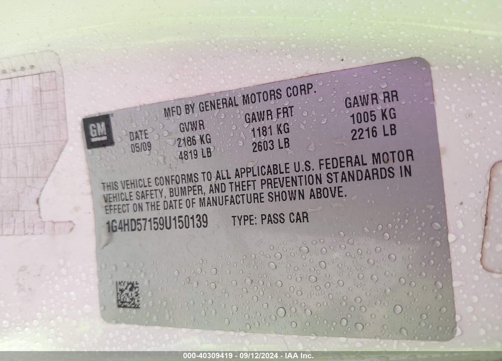 2009 BUICK LUCERNE CXL-4 VIN: 1G4HD57159U150139