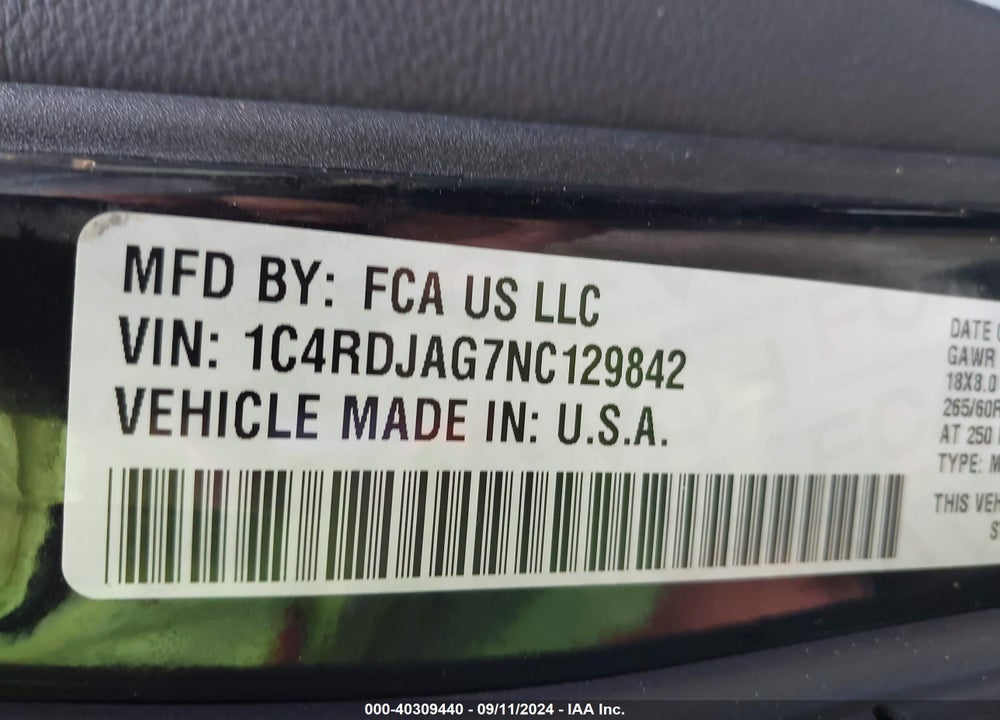 2022 DODGE DURANGO SXT AWD VIN: 1C4RDJAG7NC129842