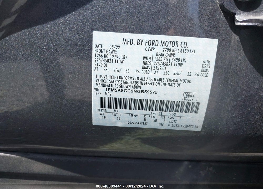 2022 FORD EXPLORER ST VIN: 1FM5K8GC9NGB59575