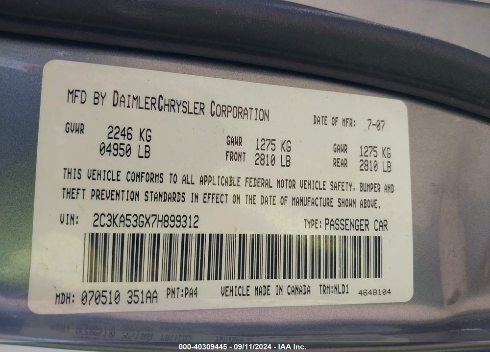 2007 CHRYSLER 300 TOURING VIN: 2C3KA53GX7H899312