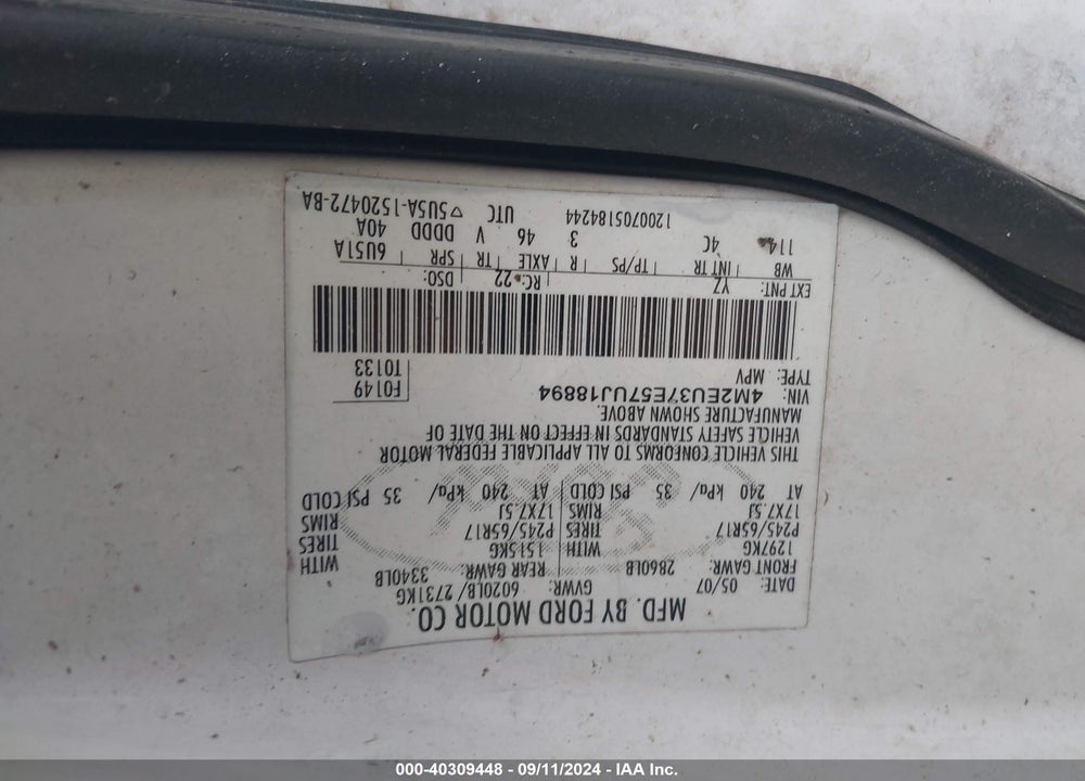 2007 MERCURY MOUNTAINEER VIN: 4M2EU37E57UJ18894