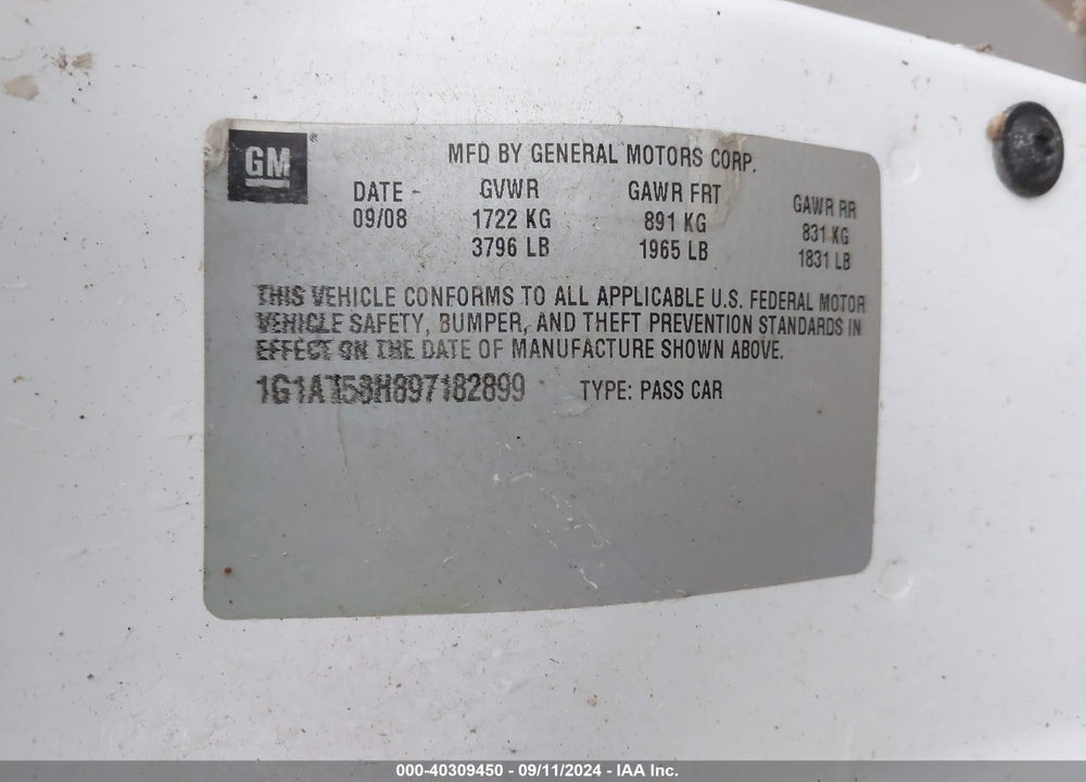 2009 CHEVROLET COBALT LT VIN: 1G1AT58H897182899
