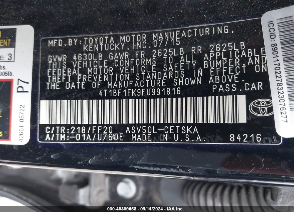 2015 TOYOTA CAMRY SE VIN: 4T1BF1FK9FU991816