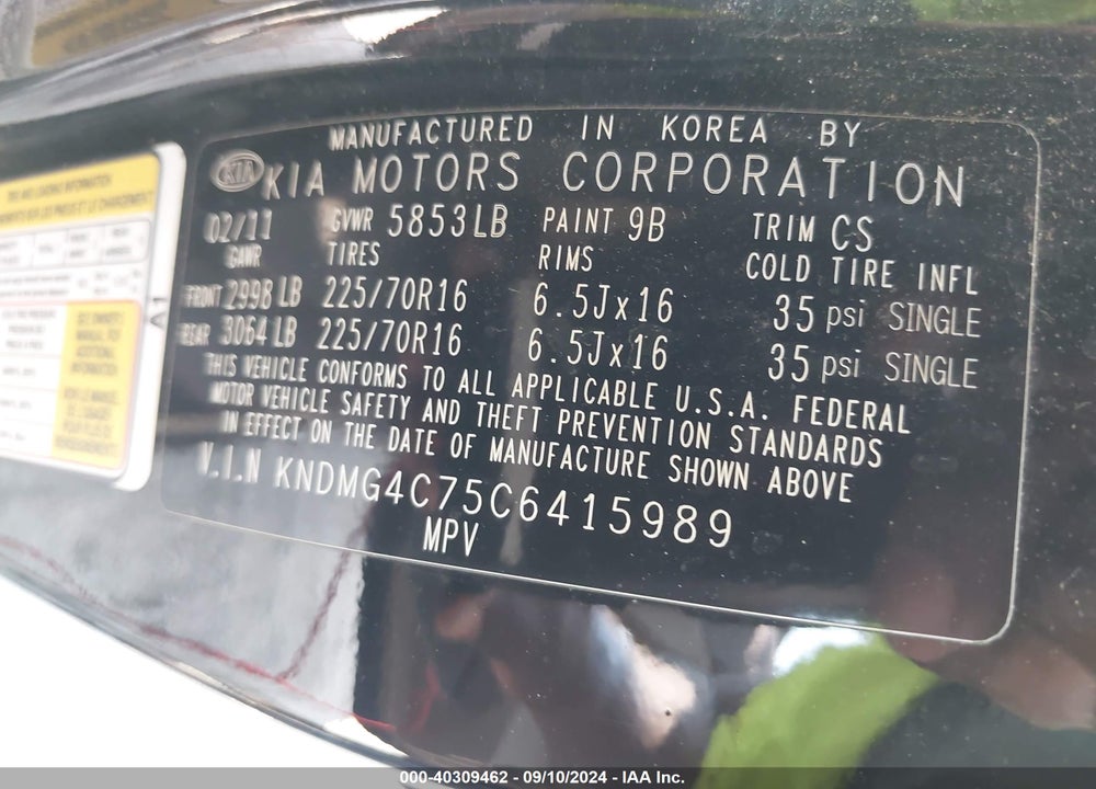 2012 KIA SEDONA LX VIN: KNDMG4C75C6415989