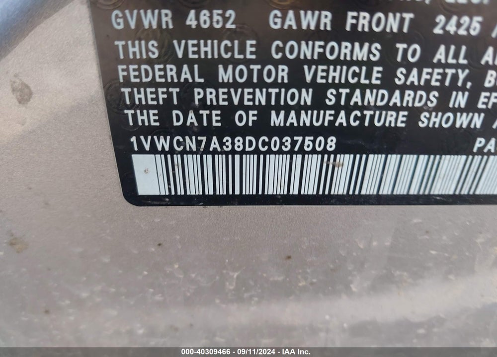 2013 VOLKSWAGEN PASSAT 2.0L TDI SEL PREMIUM VIN: 1VWCN7A38DC037508