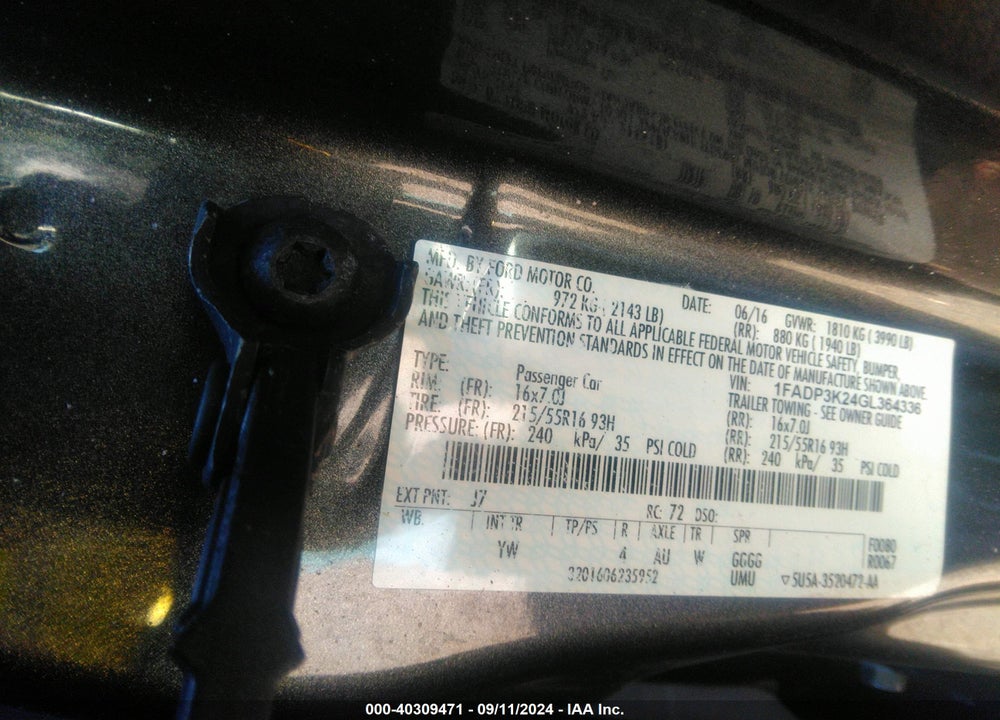 2016 FORD FOCUS SE VIN: 1FADP3K24GL364336