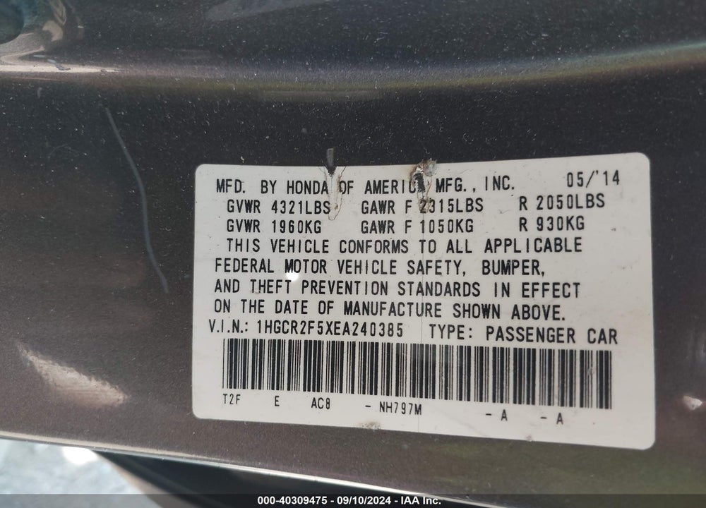 2014 HONDA ACCORD SPORT VIN: 1HGCR2F5XEA240385