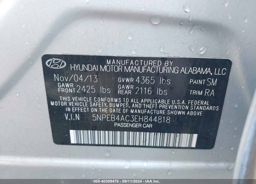 2014 HYUNDAI SONATA GLS VIN: 5NPEB4AC3EH844818