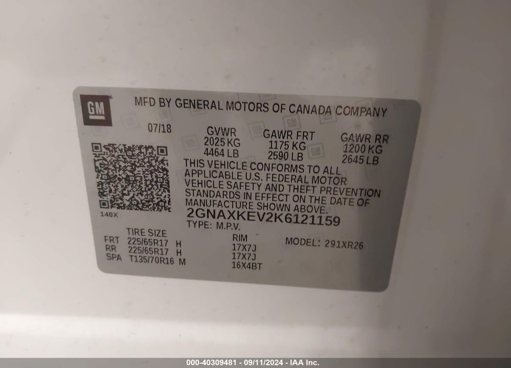 2019 CHEVROLET EQUINOX LT VIN: 2GNAXKEV2K6121159